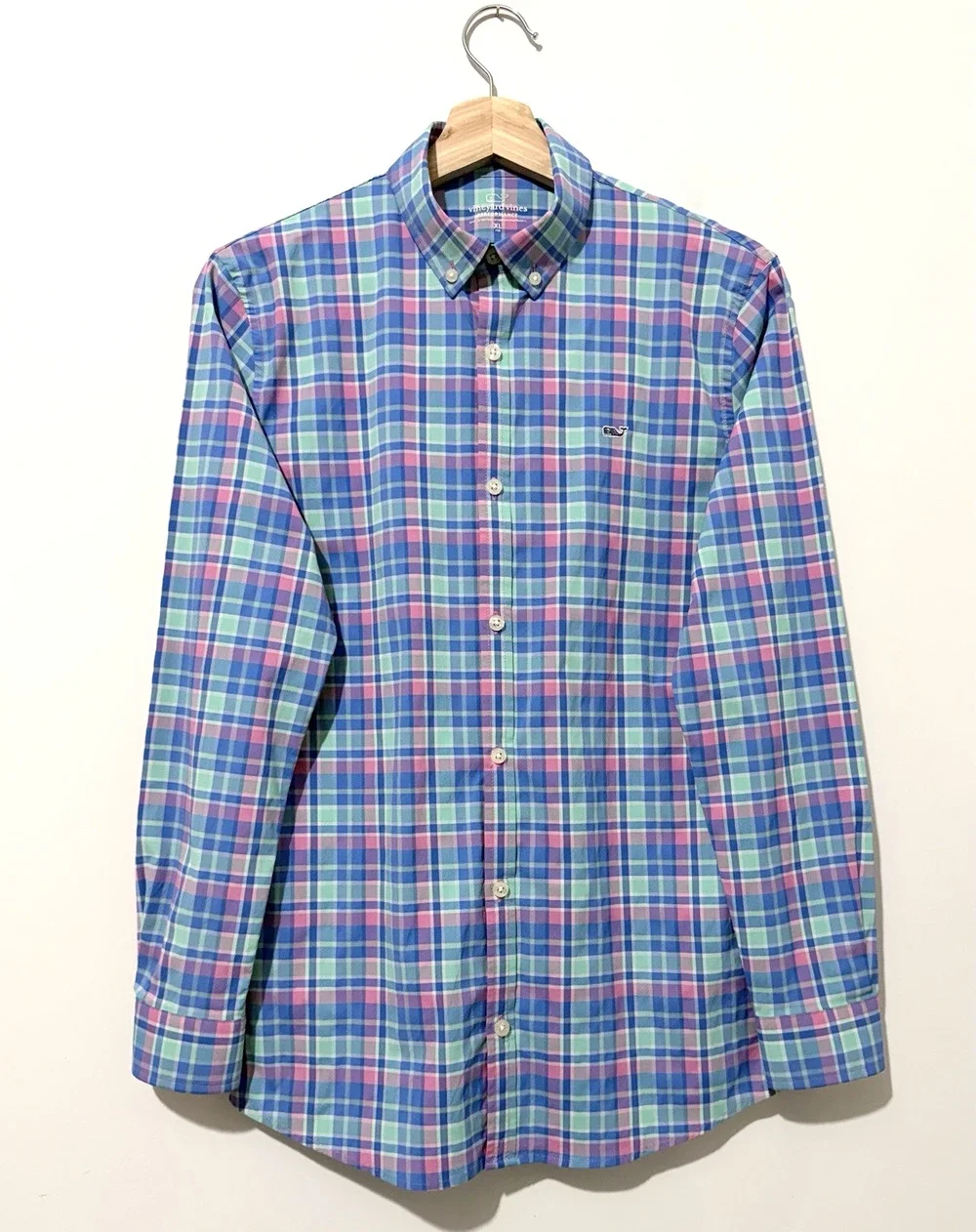 Vineyard Vines Performance Shirt Boys XL 18 Blue Pink Plaid Long Sleeve Logo